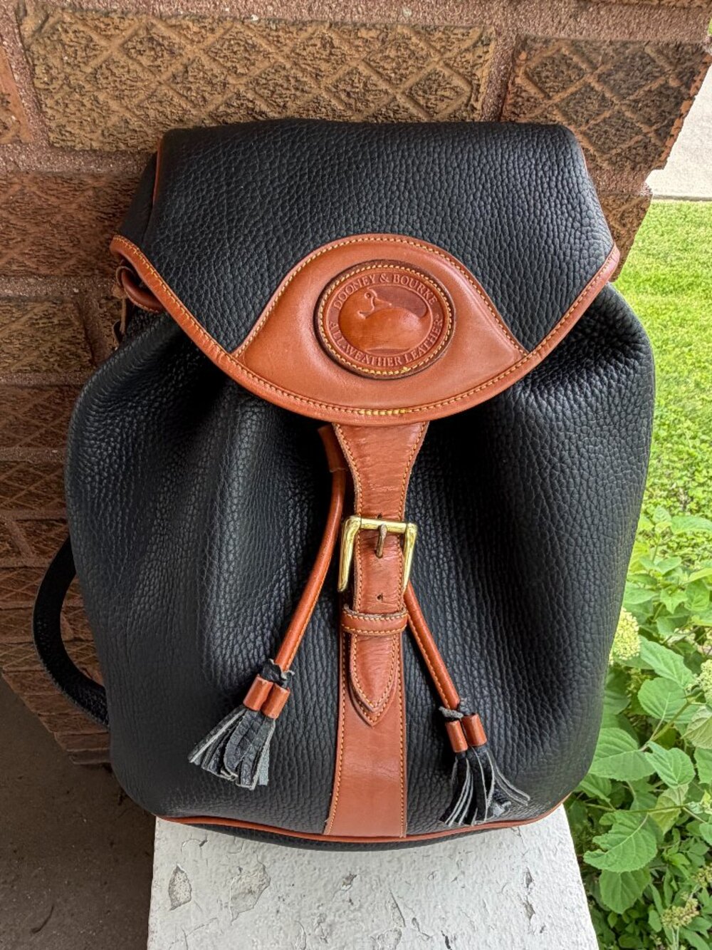 DOONEY & BOURKE Vintage USA 90s Large Drawstring Black Tan Backpack Bag Unisex